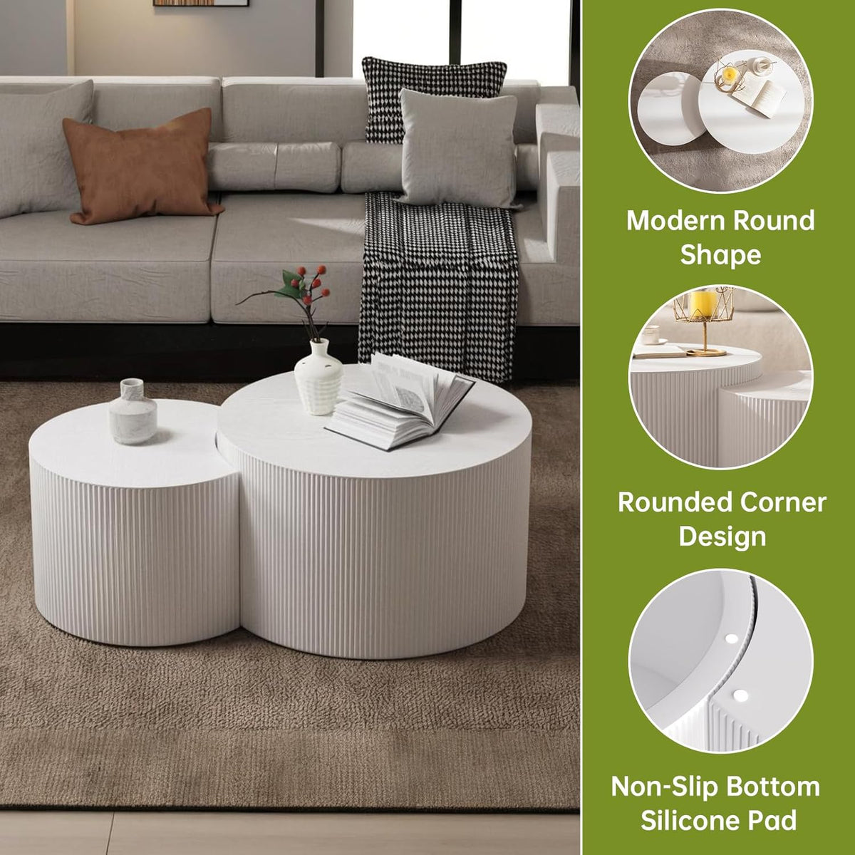 Round Nesting Coffee Table Modern White Fluted Coffee Table Set of 2 for Living Room Circle Drum