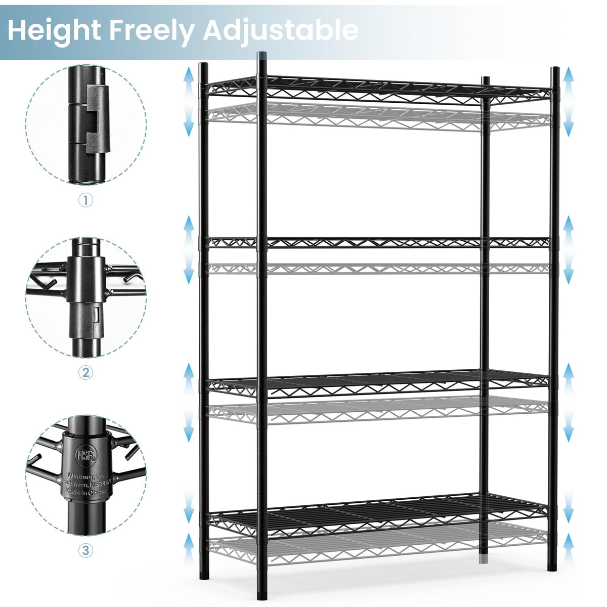 Whitmor 4 Tier Shelving Unit, Metal Storage Shelves, Adjustable Heavy Duty Shelf with Wheels , 400