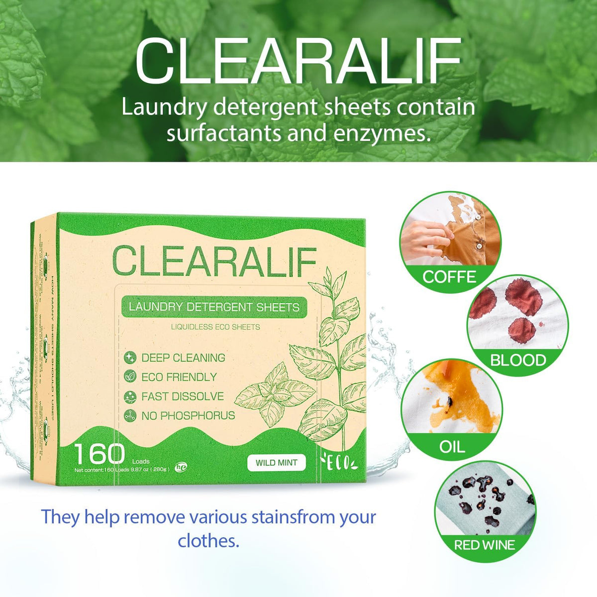 Laundry Detergent Sheets Up to 160 Loads, Wild Mint - Great For Travel,Apartments, Dorms,CLEARALIF