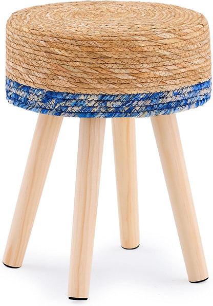 Handwoven Outdoor Ottoman, Water Hyacinth Pouf Round Patio Footstool with Wood Legs, 17-Inch