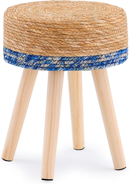 Handwoven Outdoor Ottoman, Water Hyacinth Pouf Round Patio Footstool with Wood Legs, 17-Inch