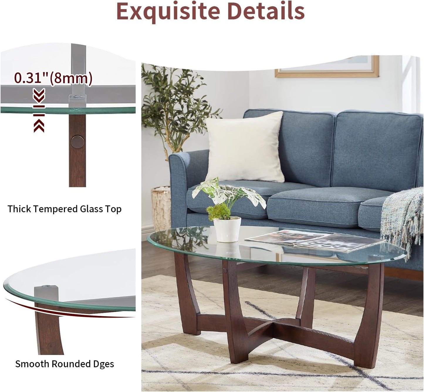 48" Oval Glass Coffee Table with Tempered Glass Top Cross and Solid Wood Base Simple & Modern
