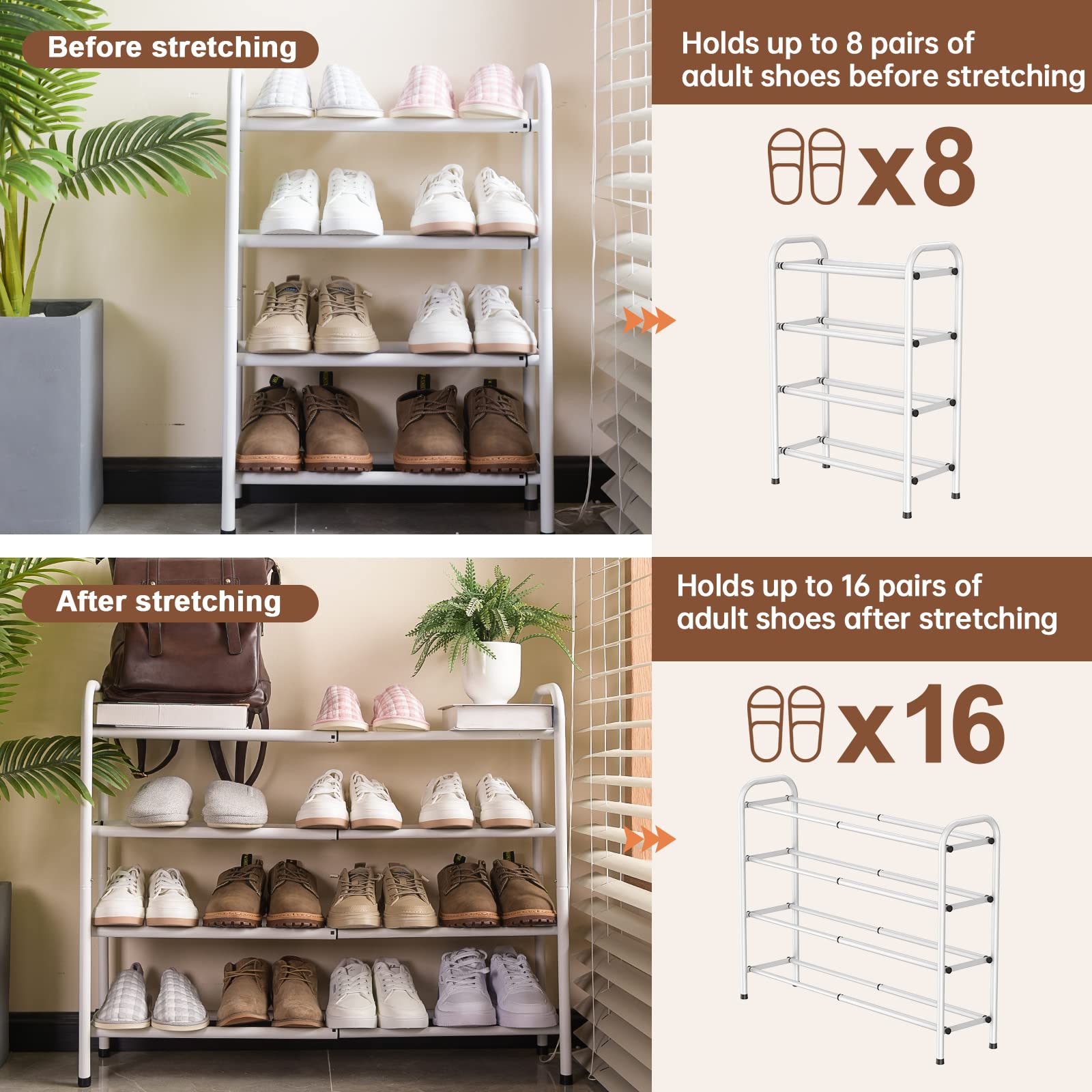 Gonfoam Expandable 4-Tier Shoe Rack for Closet and Entryway, White