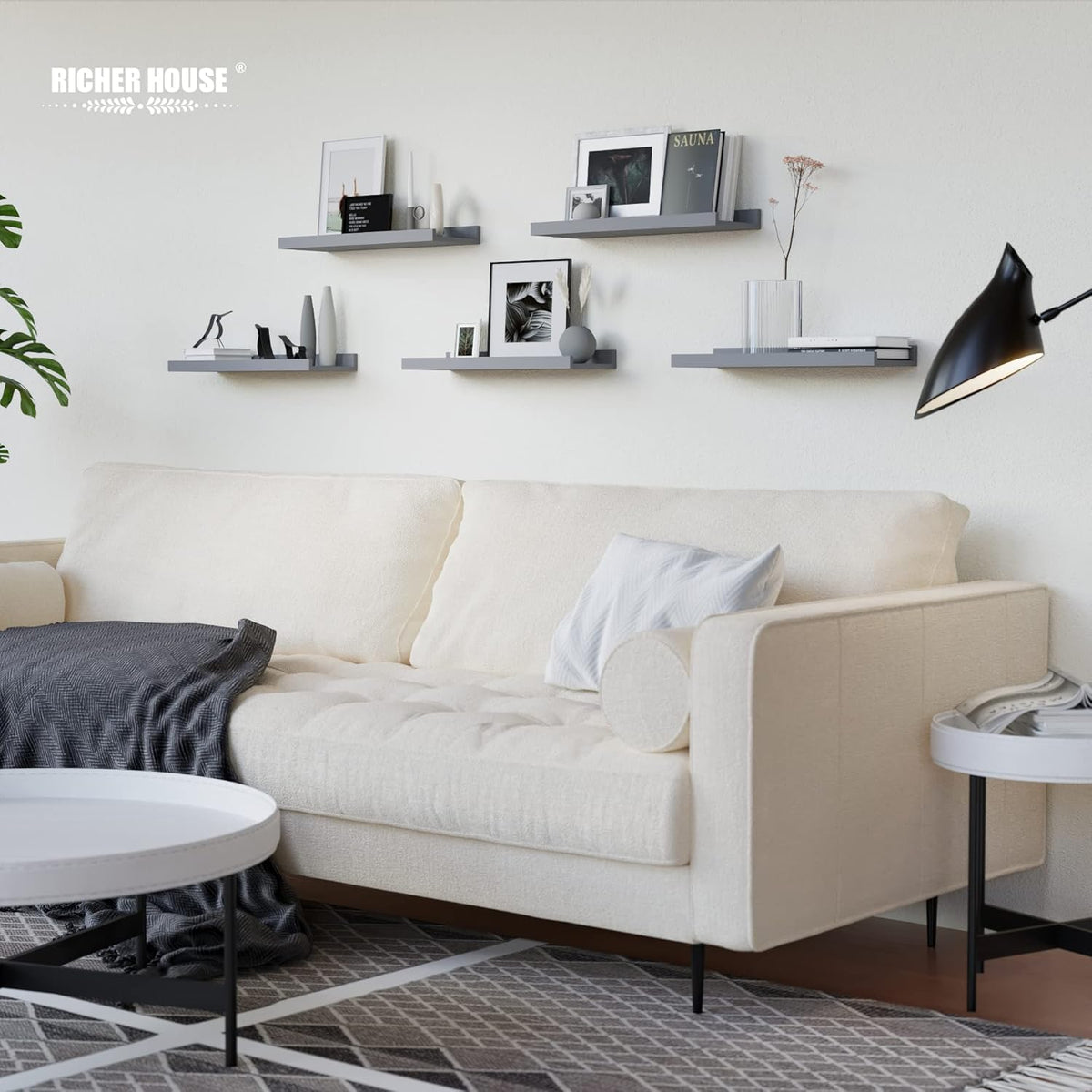 RICHER HOUSE Mounted Shelves for Wall Decor, Modern Picture Ledge Shelf with Lip for Wall Storage