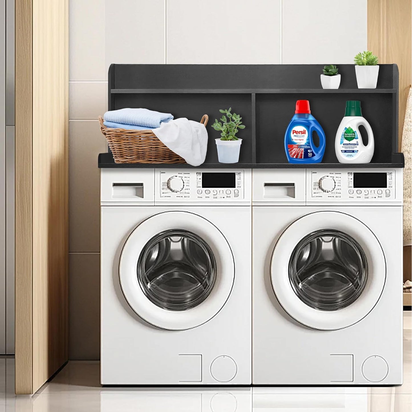 Royxen 2-Tier Washer Dryer Countertop,19.5"H Wood Washer and Dryer Topper with Storage