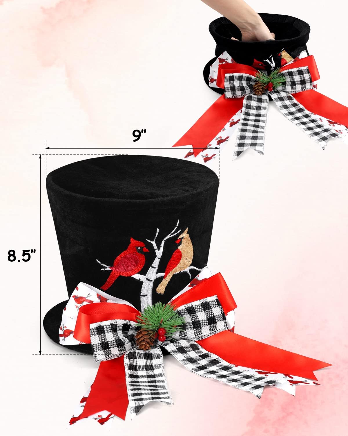 Cardinal Christmas Tree Topper Top Hat with Buffalo Plaid Check Bows Xmas Couple Cardinals on Tree