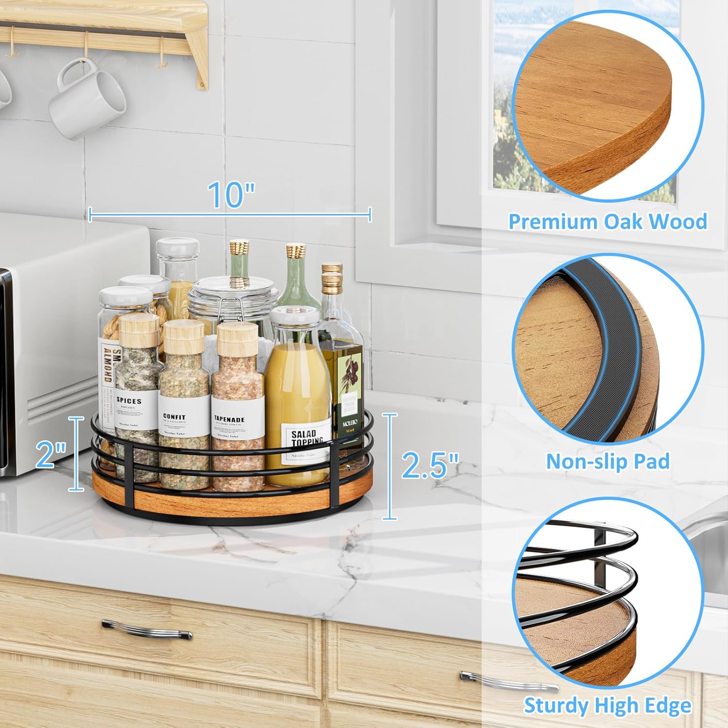 10" Lazy Susan Turntable Organizer - Wood Round Lazy Susan for Cabinet Kitchen Countertop Dining