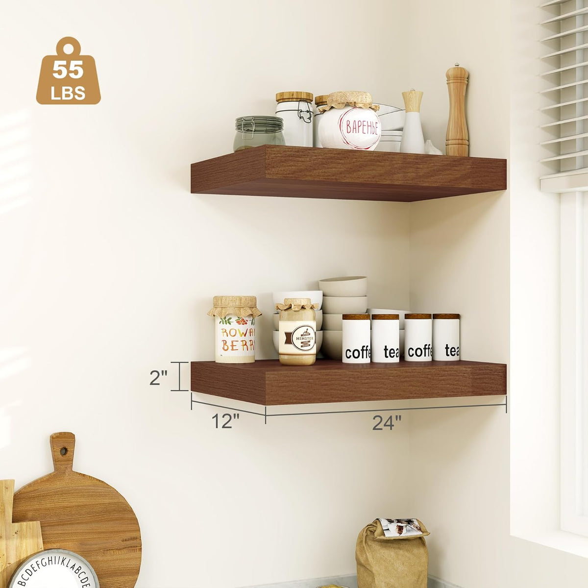 Heimlove 12" Deep Floating Shelves for Wall, 24 Inch Wall Shelf Bathroom Shelves Set of 1, Wall