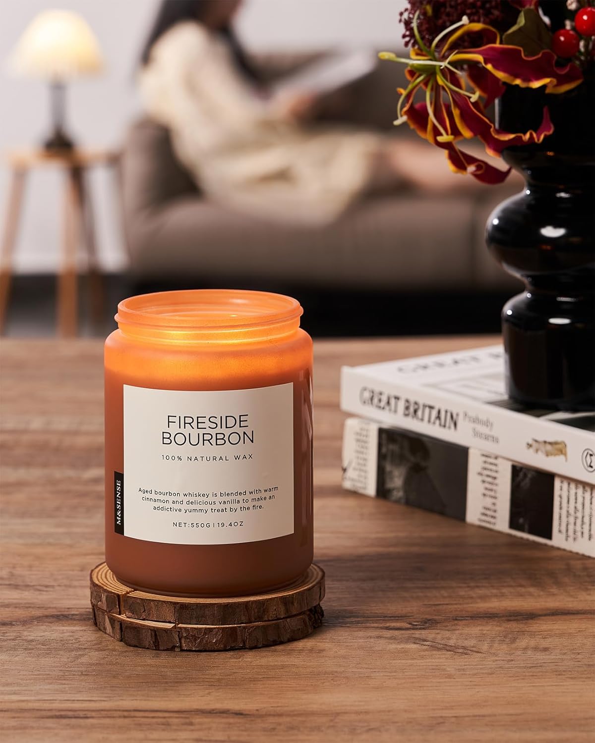 M&SENSE Fireside Bourbon Candles Strong Scented, 2 Wick Jar Candle 19.4oz 110 Hour Long Lasting
