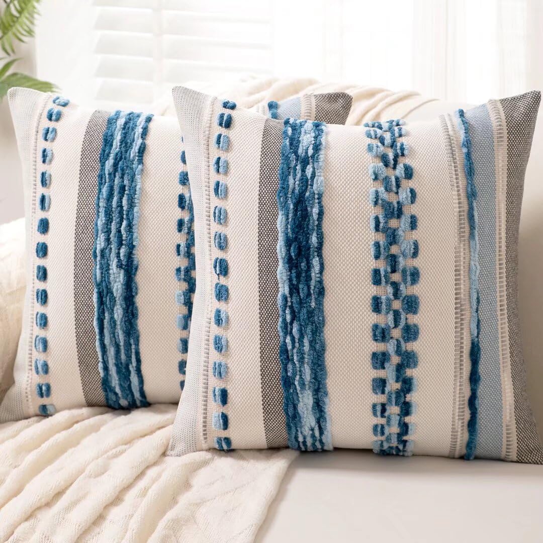 Boho Throw Pillow Covers 18x18 Set of 2 Farmhouse Decorative Cushion Case Striped Square Pillows