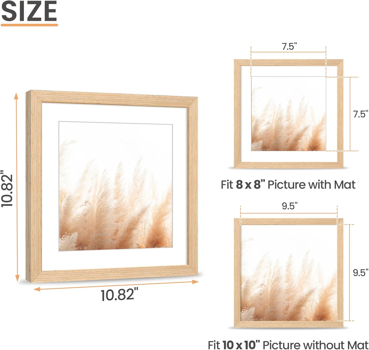 upsimples 10x10 Frame, Natural Solid Wooden Picture Frames, Display 8x8 with Mat or 10 x 10 Without