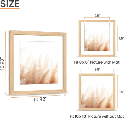 upsimples 10x10 Frame, Natural Solid Wooden Picture Frames, Display 8x8 with Mat or 10 x 10 Without