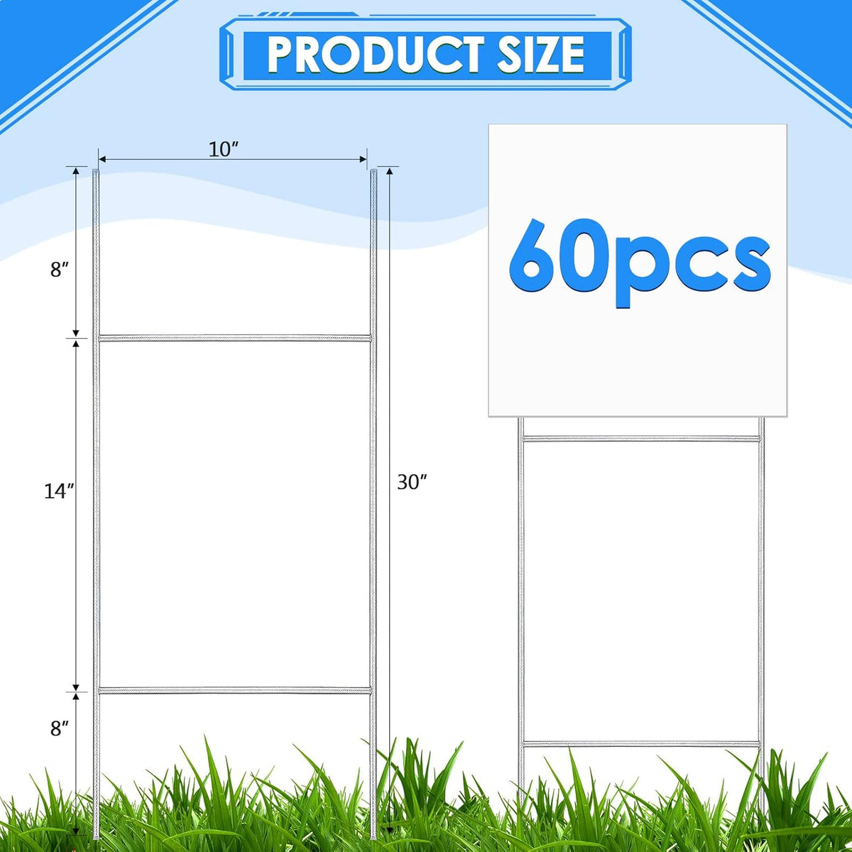 60 Pcs H Stakes for Yard Signs 30'' x 10'' Metal Heavy Duty H Frame Wire Stakes Weatherproof Metal