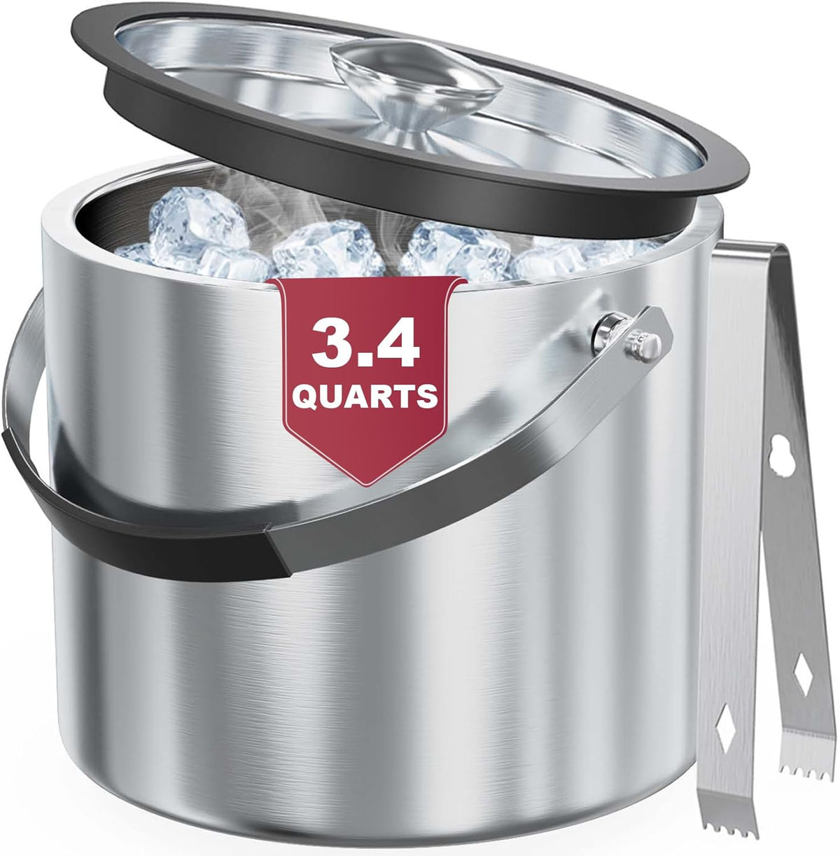 3.2 Liter Ice Bucket with Silicone Lid, Strainer, Tongs, Double Wall Insulated Stainless Steel Ice