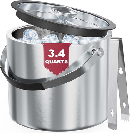 3.2 Liter Ice Bucket with Silicone Lid, Strainer, Tongs, Double Wall Insulated Stainless Steel Ice