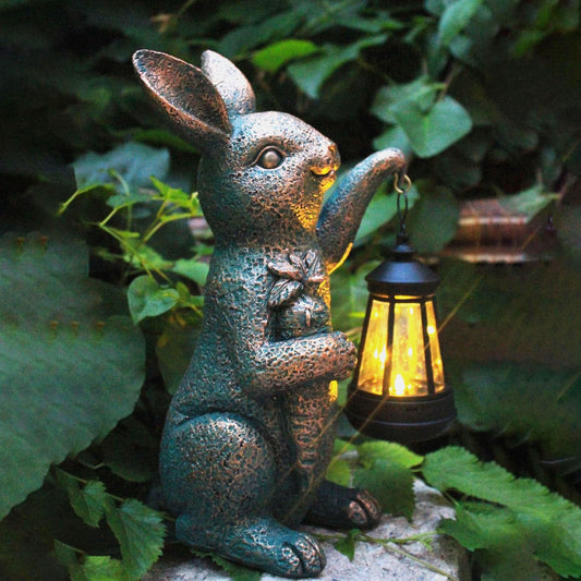 Solar Garden Statues -Rabbit Lantern Outdoor Handmade Resin Statue with LED Light, Cute Carrot