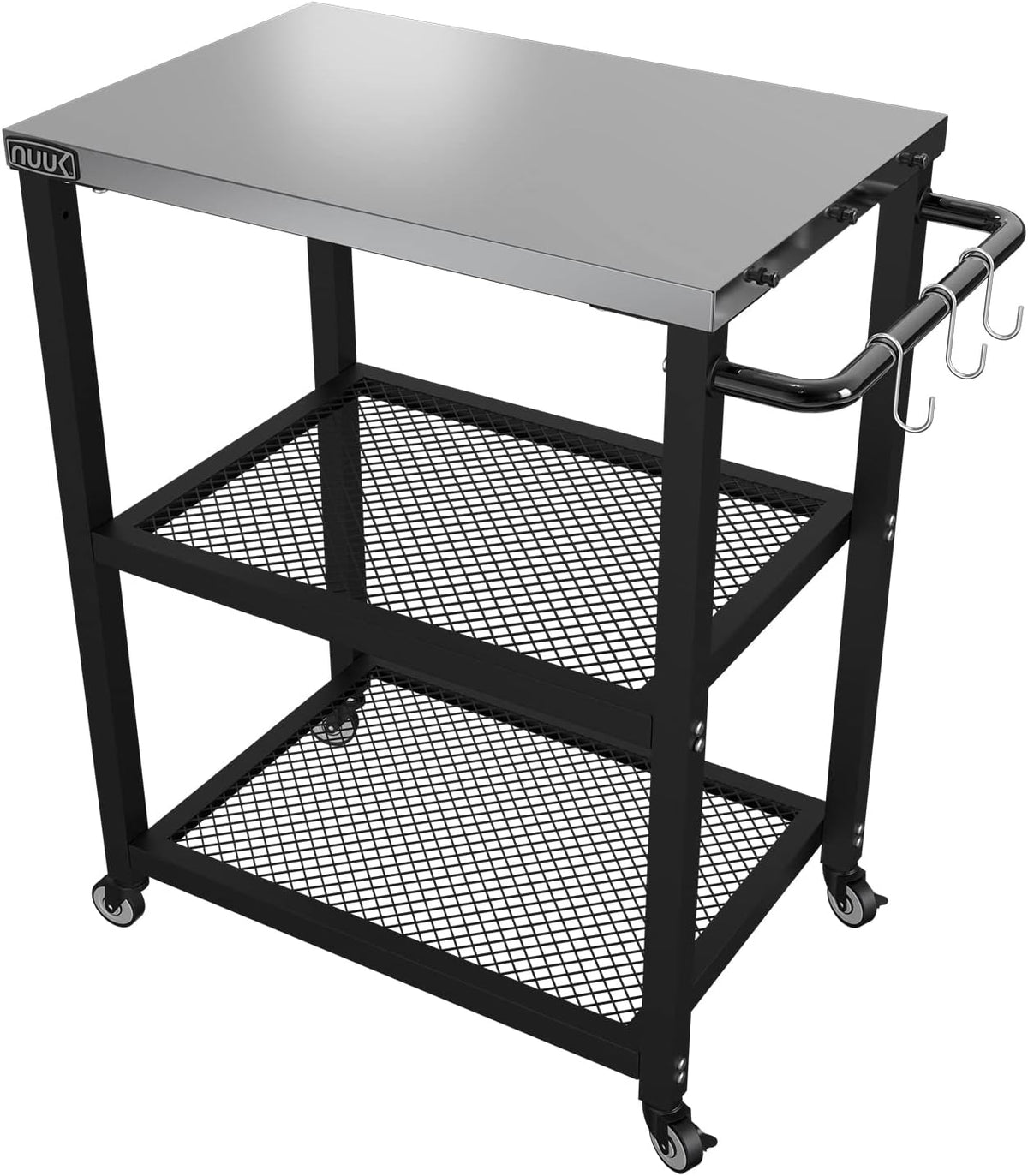 NUUK Three-Shelf Rolling Outdoor Dining Cart Table, 16" x 24" Stainless Steel Commercial