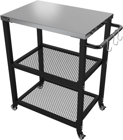 NUUK Three-Shelf Rolling Outdoor Dining Cart Table, 16" x 24" Stainless Steel Commercial