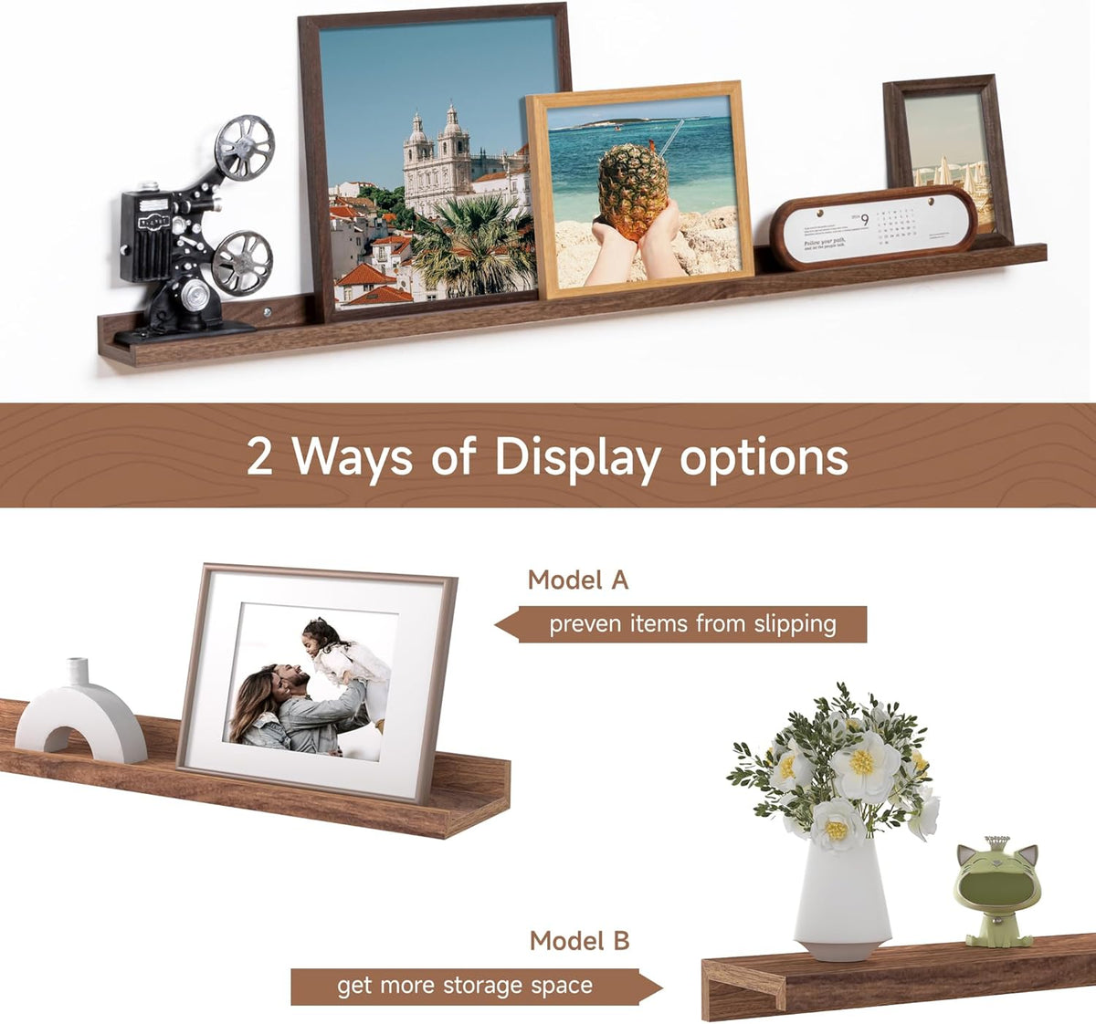 Fun Memories Picture Ledge Shelf, 48 Inch Floating Shelves Set of 2, Large Nursery Book Shelves for