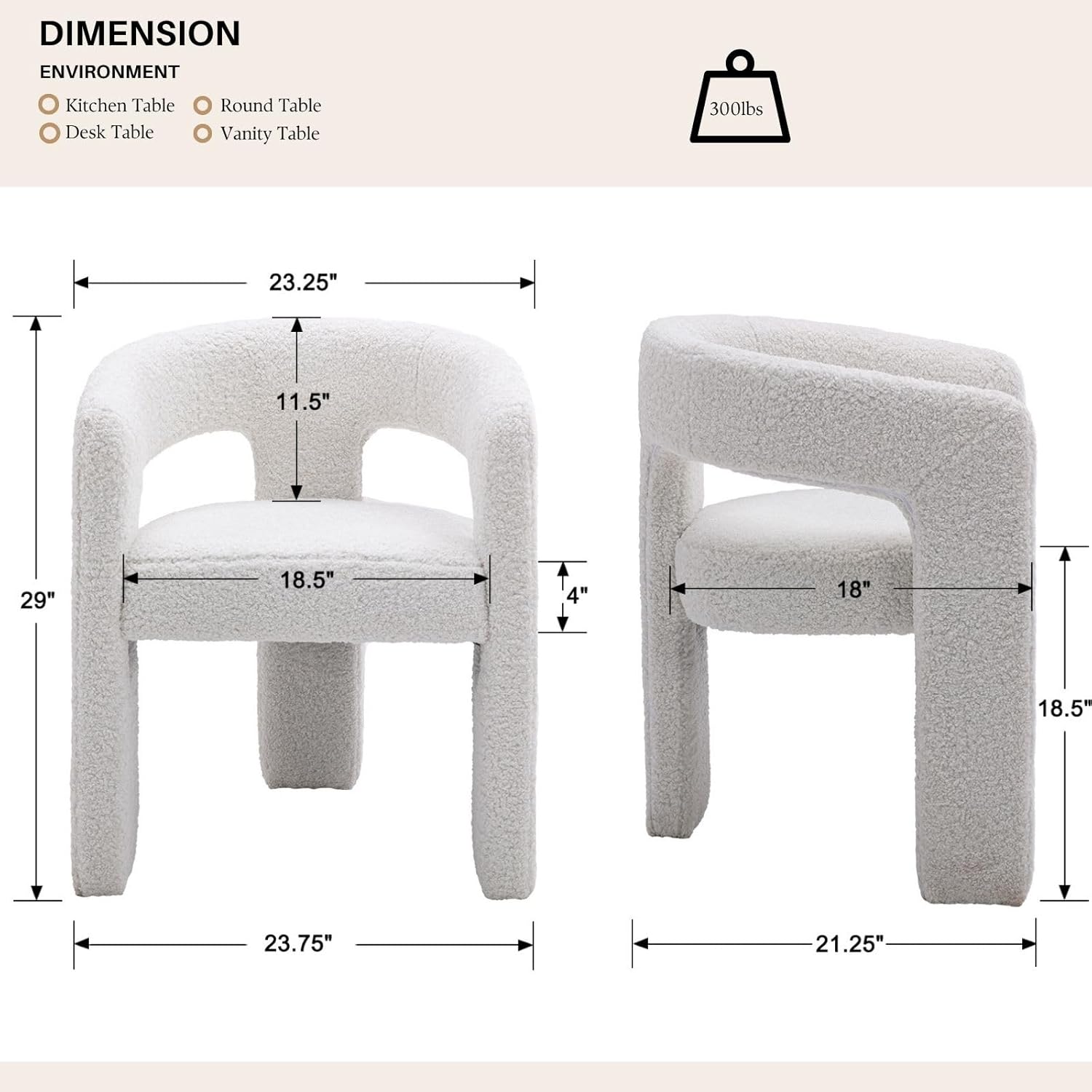 White Boucle Dining Chairs Set of 2, Modern Barrel Dining Room Chairs Upholstered Faux Fur Accent
