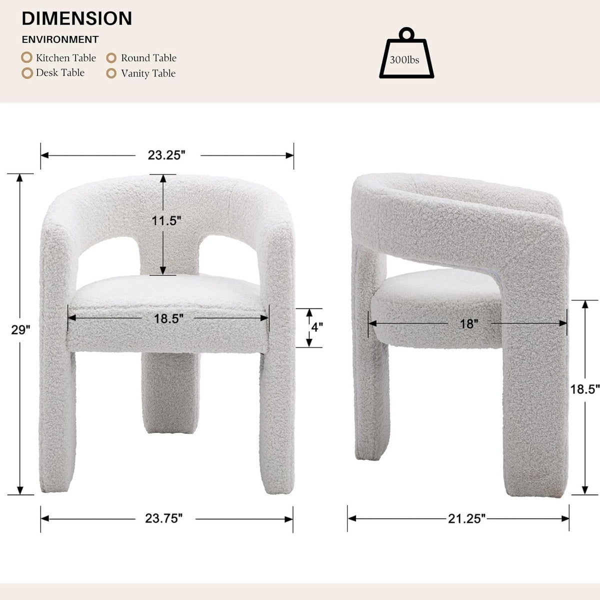 White Boucle Dining Chairs Set of 4, Modern Barrel Dining Room Chairs Upholstered Faux Fur Accent