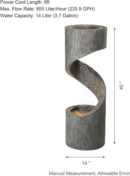 Glitzhome Tiered Outdoor Water Fountain with LED Light, Modern Spiral Outdoor Fountain with Stone