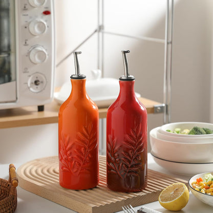 Sweejar Ceramic Olive Oil Dispenser Bottle, 20 Oz Relief Opaque Oil Cruet Protects To Reduce