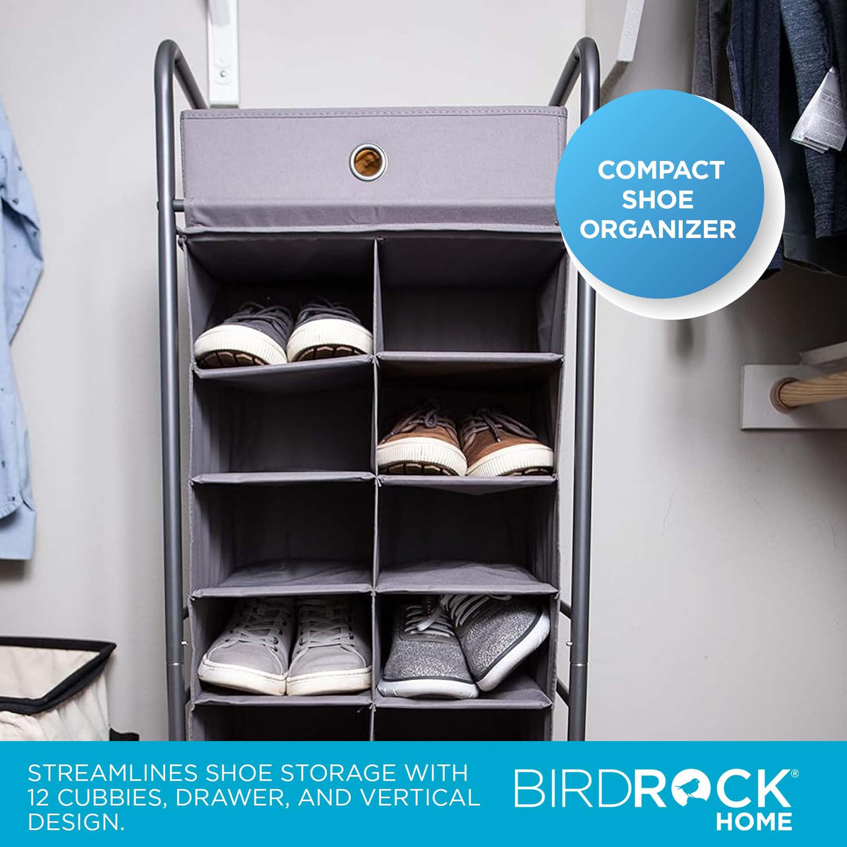 BIRDROCK HOME 12 Cubby Vertical Shoe Rack Organizer with Large Drawer - Grey - Free Standing Tower