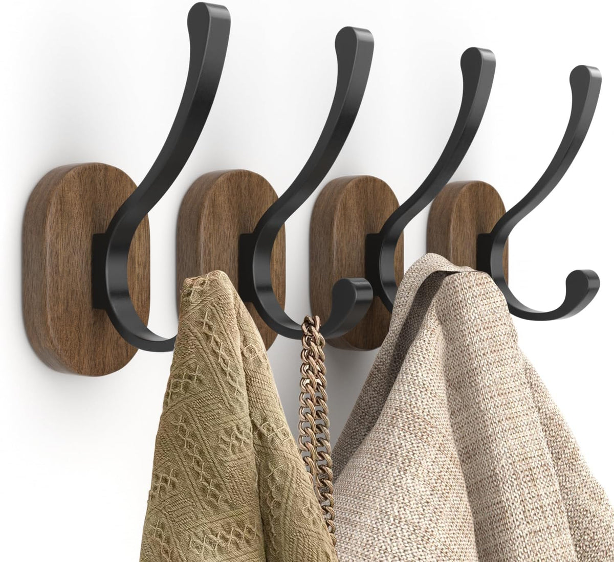 Wall Hooks for Hanging Coats - 4 Pack Coat Hooks Wall Mounted, Wood Coat Hooks for Wall, Bussdis