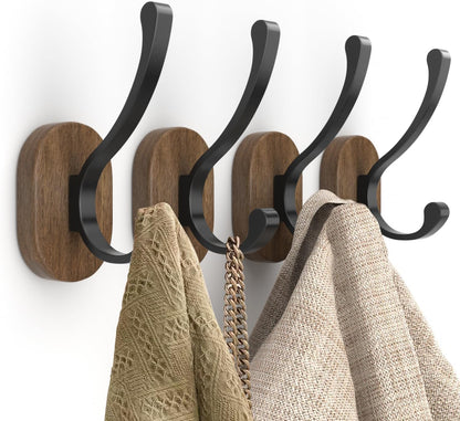 Wall Hooks for Hanging Coats - 4 Pack Coat Hooks Wall Mounted, Wood Coat Hooks for Wall, Bussdis