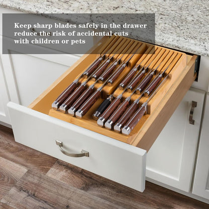 Bamboo Kitchen Drawer Knife Holder, In-drawer Knife Block, Knife Drawer Organizer fit for 16 knives