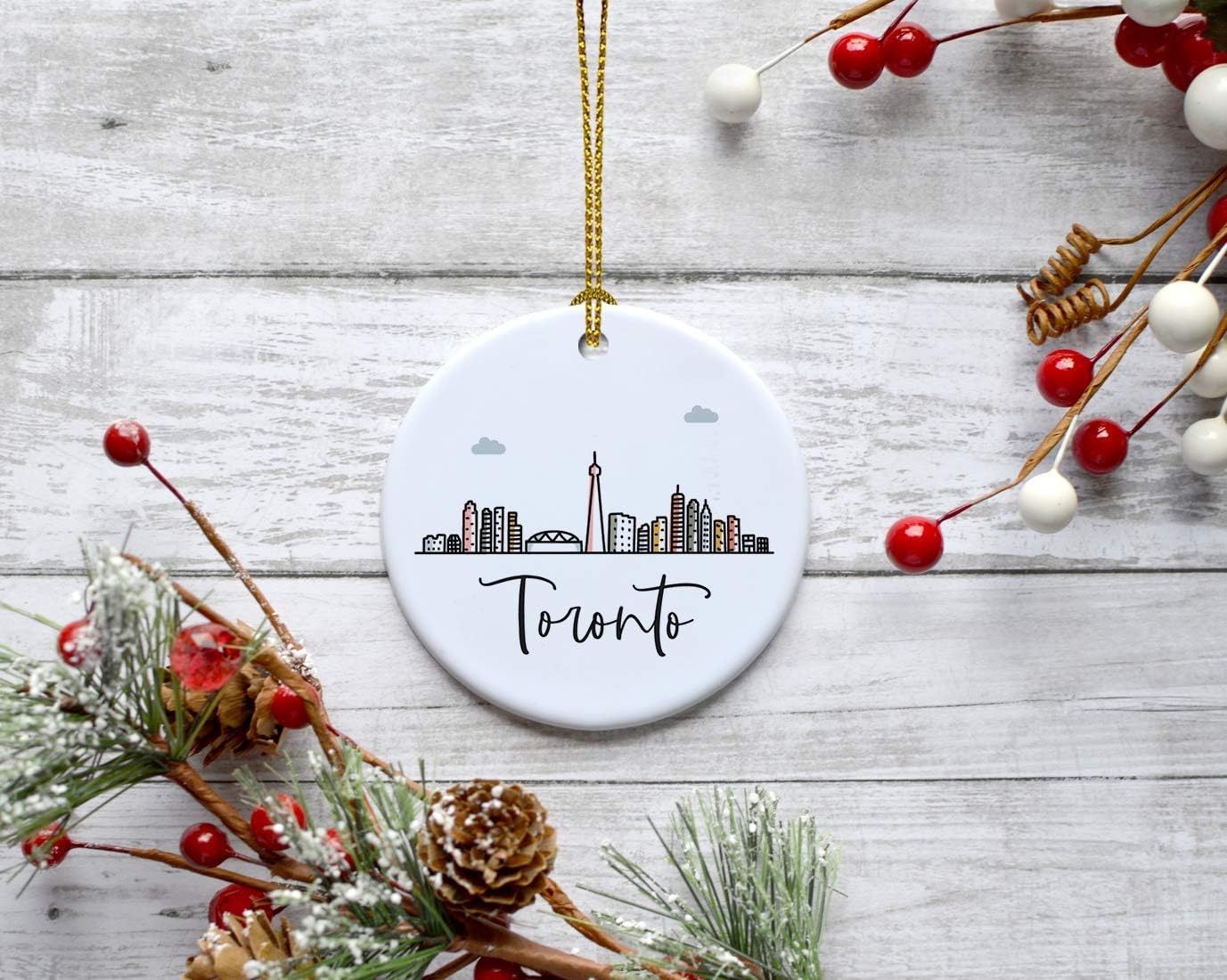 Andaz Press Round Ceramic Porcelain Christmas Tree Ornament Keepsake Gift, Toronto, Colorful