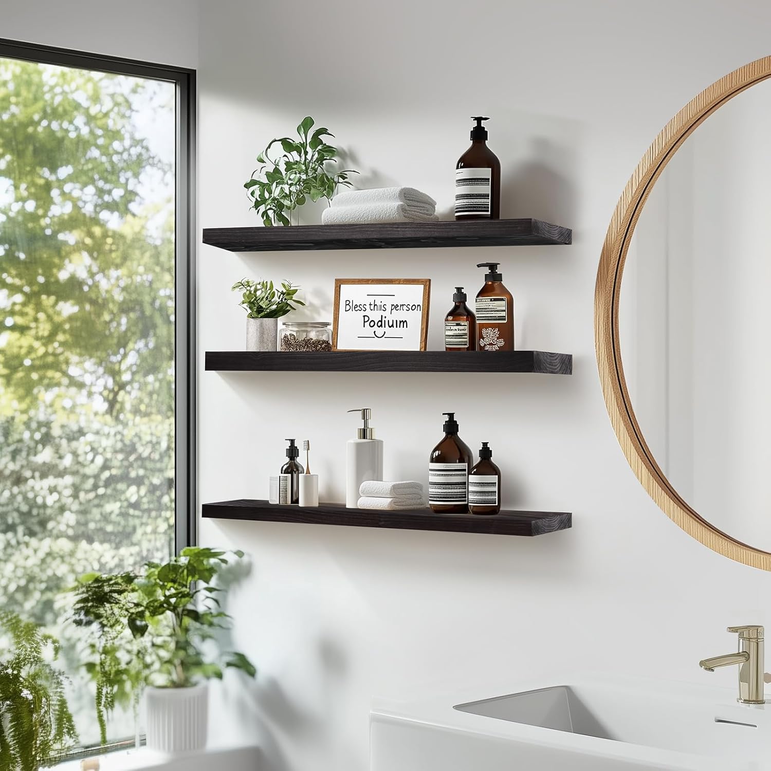 Floating Wall Shelves 3-Pack - 24-Inch Rustic Black Wooden Shelves for Storage and Décor, Easy