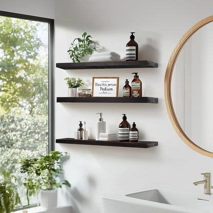 Floating Wall Shelves 3-Pack - 24-Inch Rustic Black Wooden Shelves for Storage and Décor, Easy
