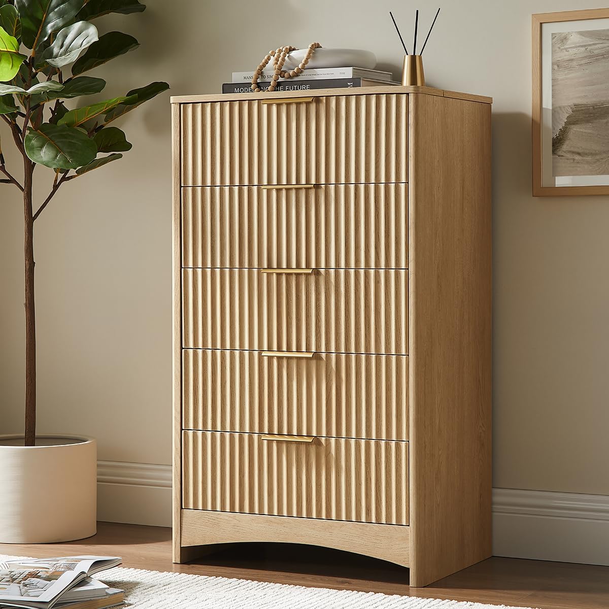 Pipishell Dresser for Bedroom, Fluted 5 Drawers Dresser, 40" Tall Modern Chest of Drawer with Round