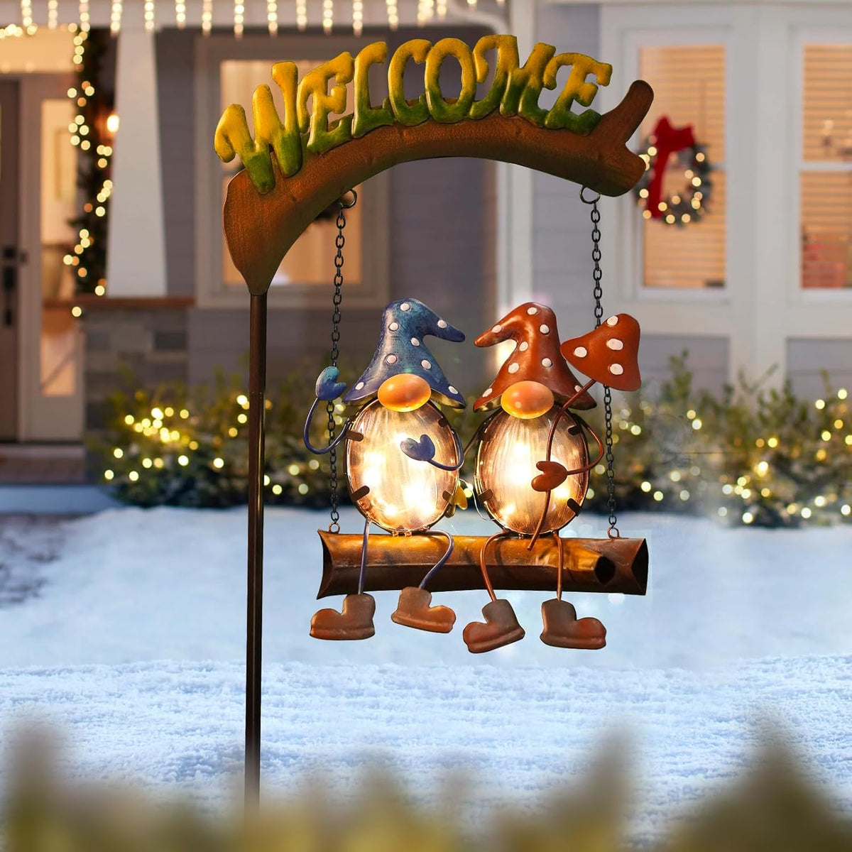 HONGLAND Gnome Garden Decor with Solar Lights, Funny Gnomes Swing Outdoor Decor, Gardening Gifts