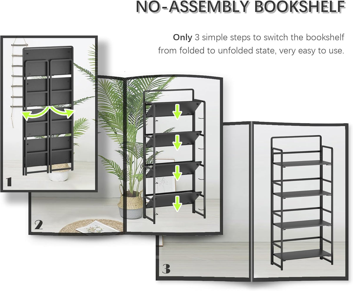4NM No Assembly Foldable Bookshelf, 4-Shelf Collapsible Bookcase Storage for Small Spaces, 54" H