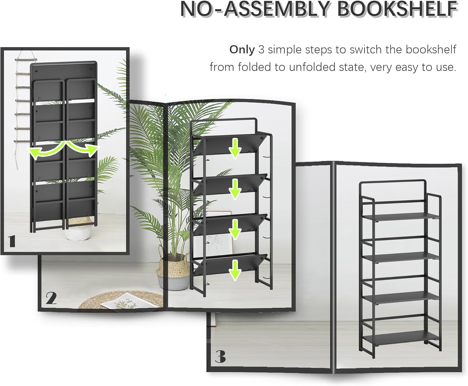 4NM No Assembly Foldable Bookshelf, 4-Shelf Collapsible Bookcase Storage for Small Spaces, 54" H