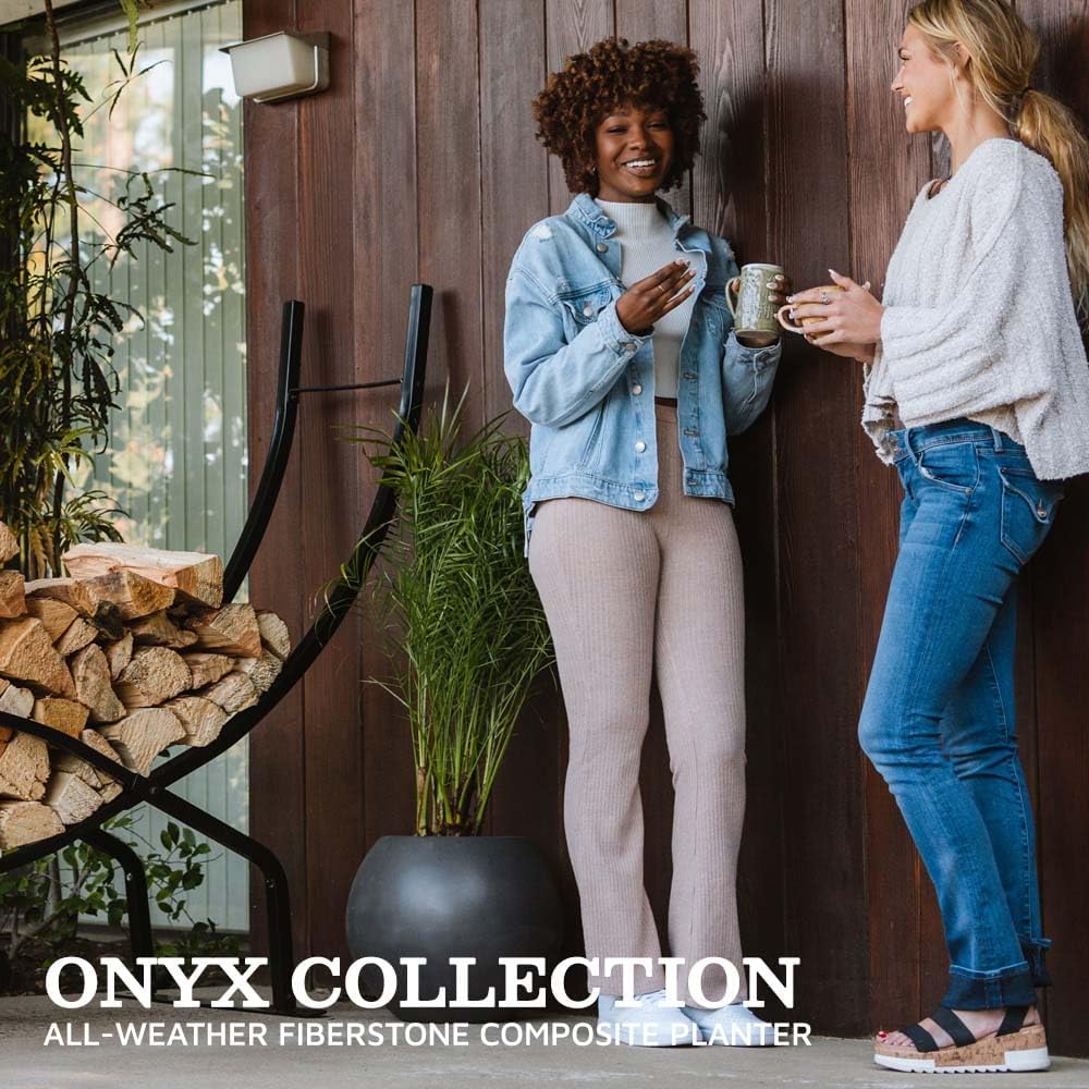 Ash & Ember Onyx 24" D Ceramic Indoor Outdoor Round Sphere Planter, Charcoal, Home Décor Evergreen