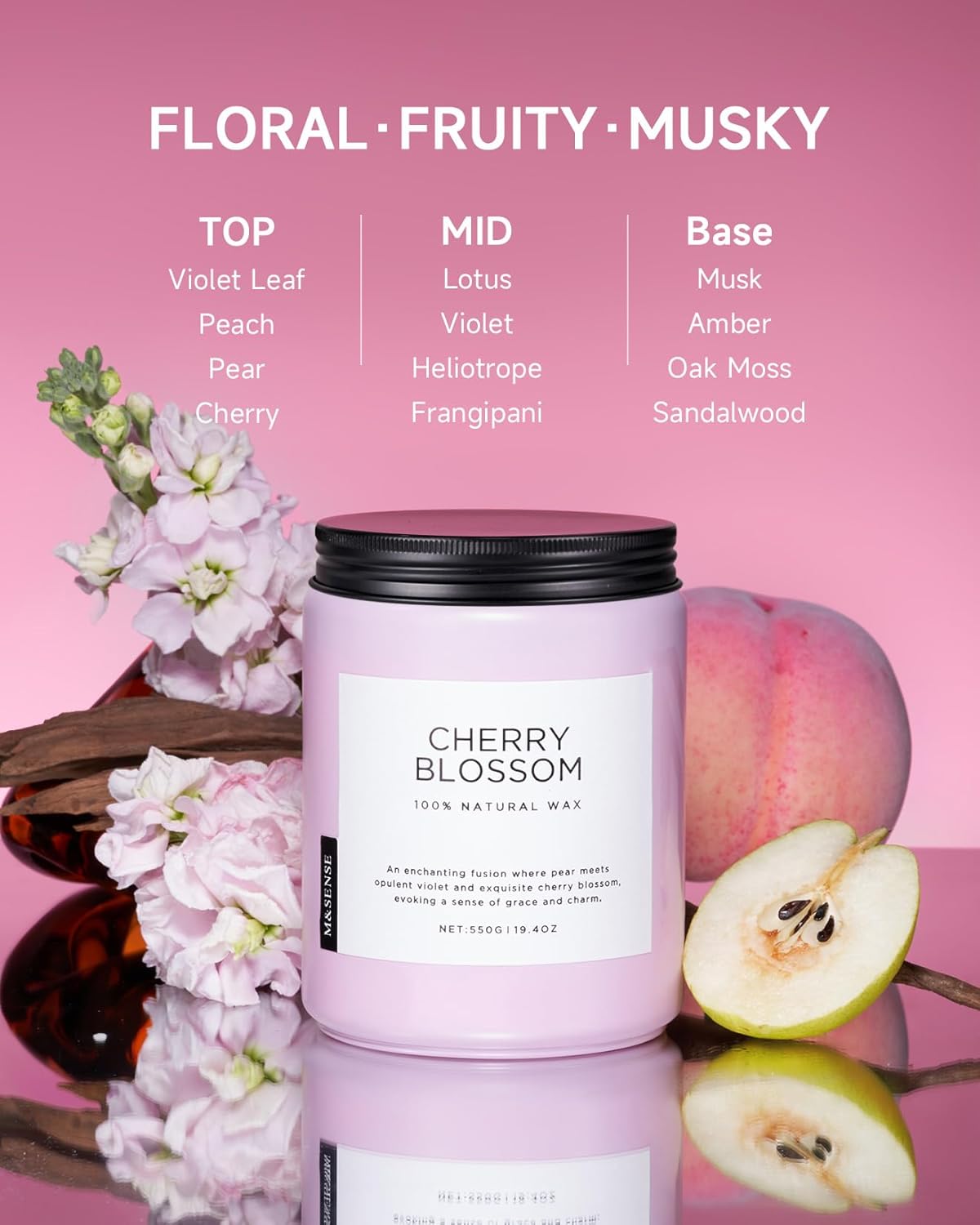 M&SENSE Cherry Blossom Scented Spring Candle, 19.4oz 110 Hours Long Lasting Natural Soy Wax Stress
