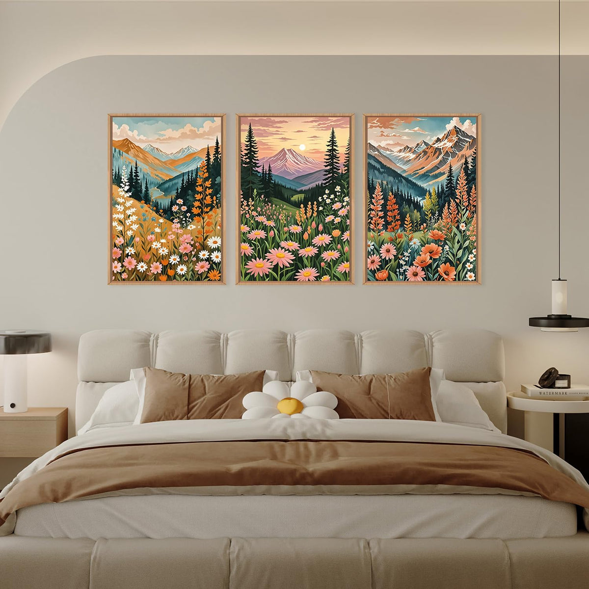 HPINUB Mountain Sunset Floral Framed Canvas Wall Art Set,Colorful Wildflower Daisy Flower Wall