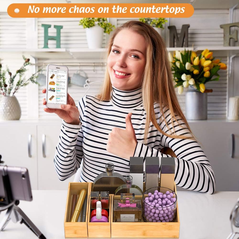 Bamboo Kitchen Drawer Organizer, Wooden Storage Box for Utensil Organizer Silverware Tray Cutlery