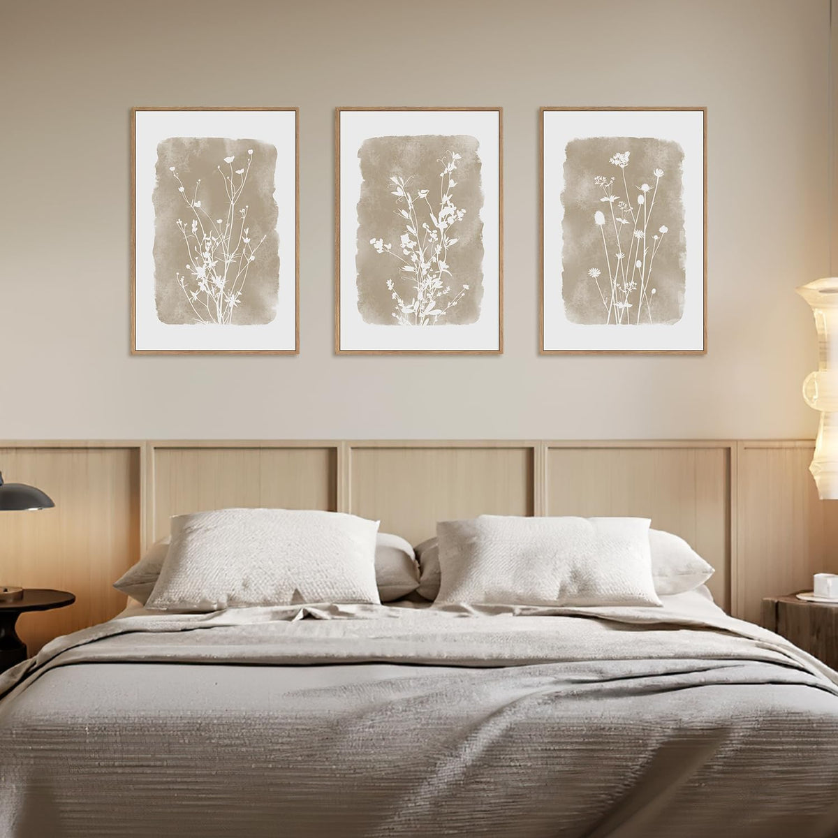 HPINUB Large Boho Wildflowers Canvas Framed Wall Art Set,Minimalist Vintage Flower Wall Decor,Beige
