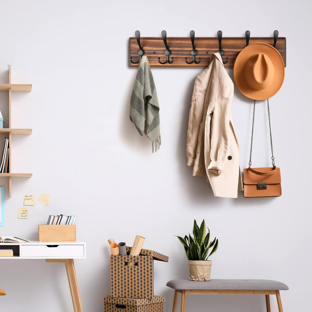Coat Rack Wall Mount, Wooden Heavy Duty Coat Rack for Wall,6 Triple Coat Hanger Hooks for Hanging