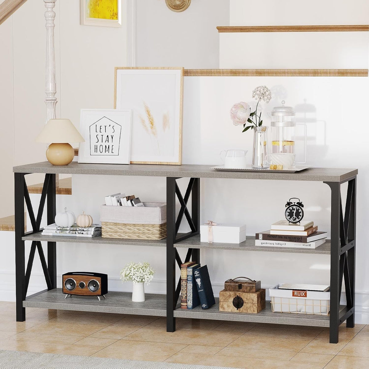LVB Industrial Entryway Table, Farmhouse Rustic Console Table Behind Couch, Long Metal Wooden Sofa