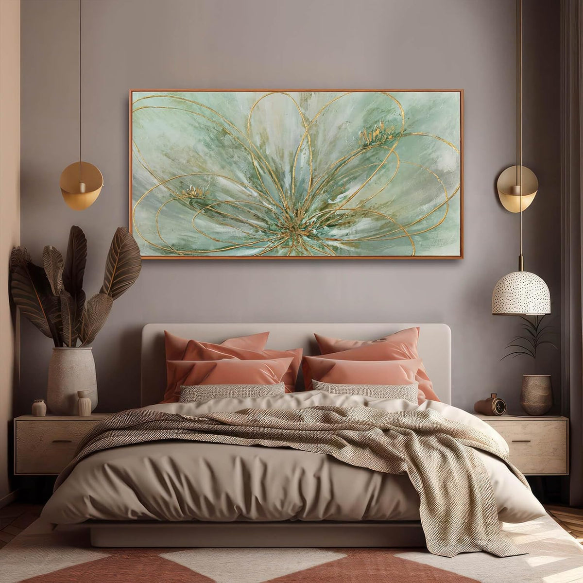 Framed Canvas Prints Gold Line Poster Abstract Wall Ar Green Pictures Wall Decor 29"x 58" Modern