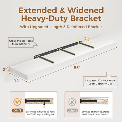 Fun Memories White Floating Shelves 55 Inch Long, 12 Inch Deep Floating Shelves for Wall, 55 x 12