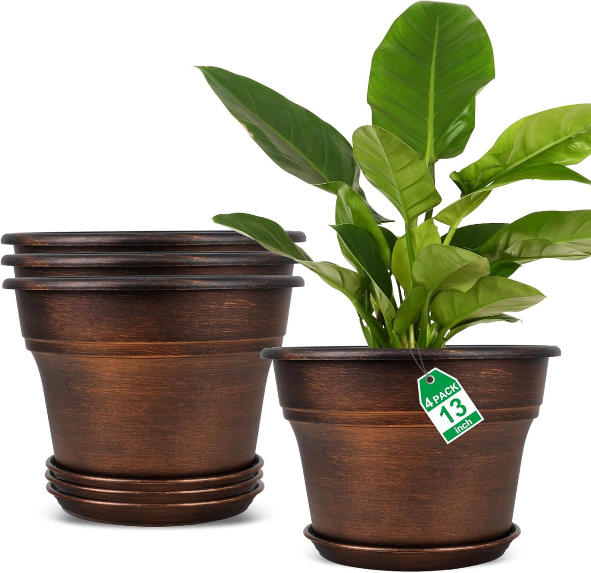 Plant Planters Pots Set of 4 Pack 13 Inch，Large Plastic Flower Pot for Indoor Plants with Drainage