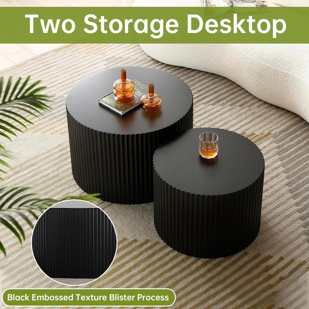 Round Nesting Coffee Table Modern Black Fluted Coffee Table Set of 2 Stripe Round Coffee Tables