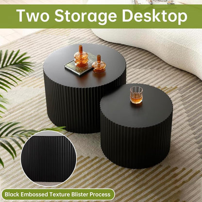 Round Nesting Coffee Table Modern Black Fluted Coffee Table Set of 2 Stripe Round Coffee Tables